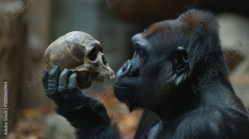 A gorilla holds a human skull close, reflecting on existence and evolution in a serene environment filled with earthy tones and soft light