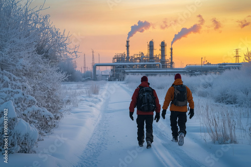 Workers braving the snow while walking toward a gas plant at sunset