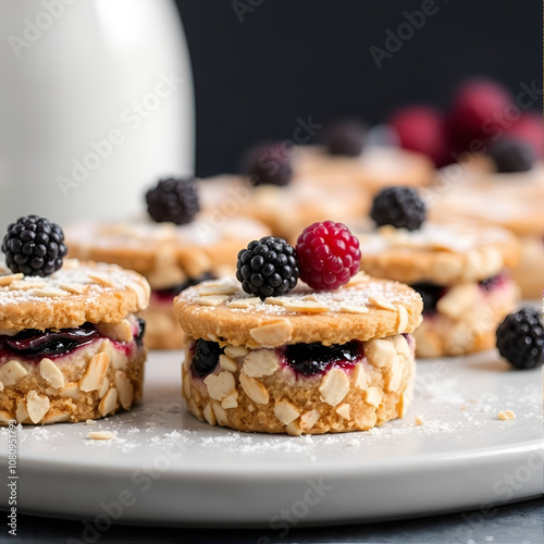 Almond cakes Financier with freeze-dried black berries. Close-up