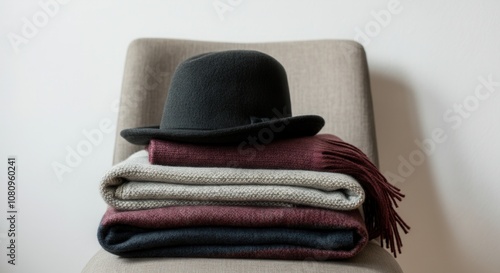 Elegant winter accessories with bowler hat stacked scarves