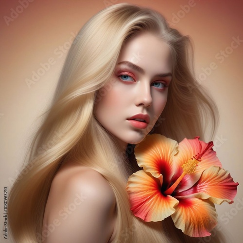 Blondine mit Hibiskusblüte in den Haaren