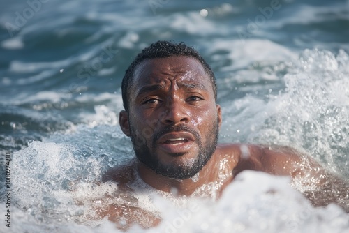 A determined swimmer battles the powerful oceanic currents, displaying sheer willpower and endurance as the water cascades fiercely around their muscular form.