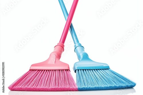 Pink and blue brooms crossed over white background.