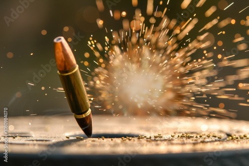 A bullet ricocheting off a metal target, creating sparks and a cloud of debris A bullet ricocheting off a metal target