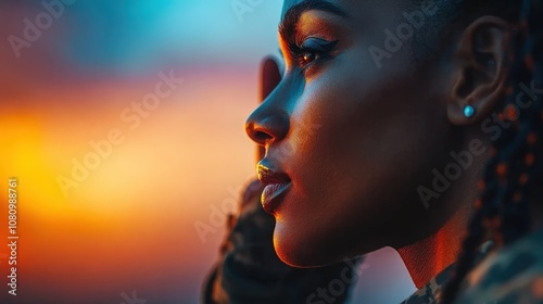 A dramatic profile view of a female soldier saluting as the sun sets on the horizon, capturing the essence of honor, pride, and a sense of duty.