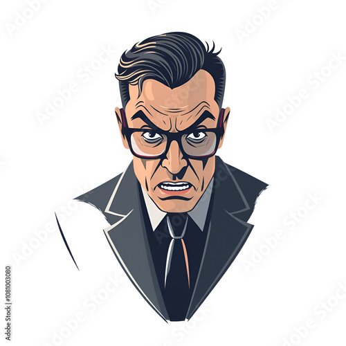 Insidious and revengeful man in glasses, envious guy. Flat design icon. Evil, vengeful emotion. Simply editable isolated on white vector sign