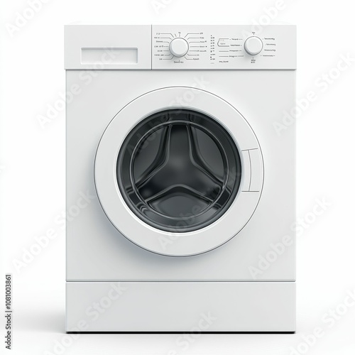 White washing machine with black drum door.