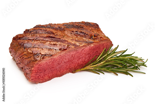 Grilled beef steak, medium rare steak, isolated on white background.