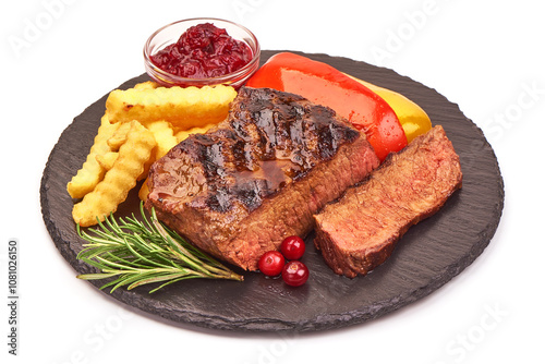 Grilled beef steak, medium rare steak, isolated on white background.