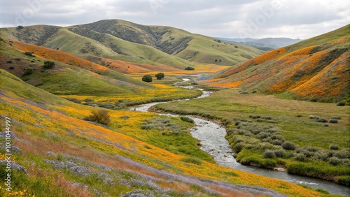 Rolling hills with wildflowers and a meandering stream, outdoors, verdure, wildflowers