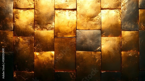 Close-up view of a shiny gold brick wall with warm lighting and reflective textures.