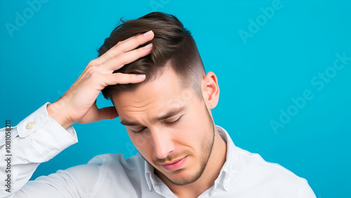 A young man in a white shirt experiencing a headache, holding his head in pain against a bright blue background.