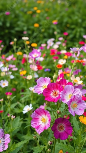 Vivid multi colored mallow flowers blooming abundantly in a lush field, spring, countryside