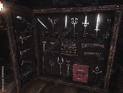 Collection of medieval weapons displayed in a wooden cabinet with dim lighting.