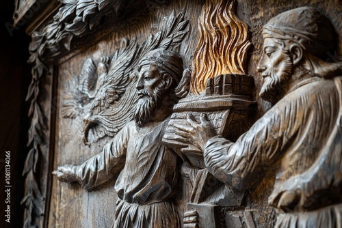 HAIFA, ISRAEL. June 26, 2022: Eljah at the altar of Baal depicted in this bas-relief of the Muhraka monastery of the Carmelite on the Carmel mount.