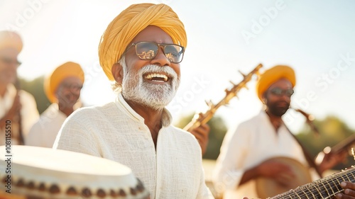 A group of Indian musicians playing traditional instruments like the sitar, tabla, and flute at an outdoor cultural event