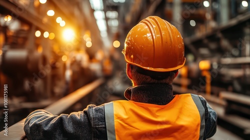 Back view of an industrial worker, wearing safety equipment, standing in a large workshop lit by ambient light, depicting the intrigue and complexity of engineering.