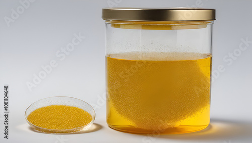 Golden yellow urine specimen in a transparent container filled with an excessive amount of clear bubbles, indicating potential kidney or urinary tract issues.