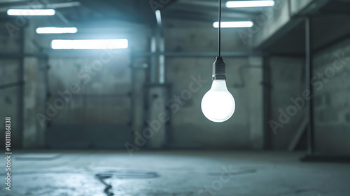 A dimly lit room with a single hanging light bulb. The bulb is the only source of illumination in the room. The room is otherwise dark and empty.