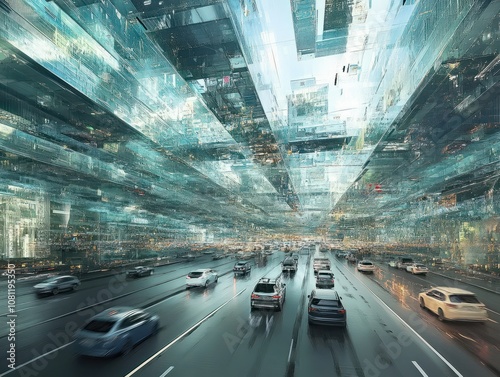 Future traffic routes under a giant ceiling made of glass and steel in a mega-city