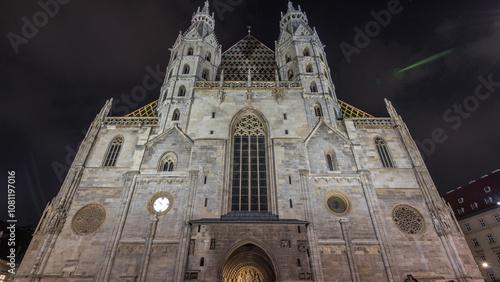 St. Stephen's Cathedral night timelapse hyperlapse, the mother church of Roman Catholic Archdiocese of Vienna, Austria