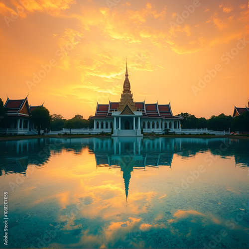 Serene Thai palace bathed in golden light, stupa stands tall beside serene reflecting pool shimmering with sunset's warm hues.