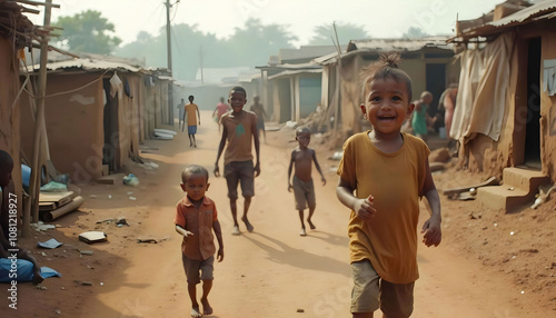 Children playing in a makeshift community, highlighting the challenges of living in inadequate conditions and the resilience of youth.