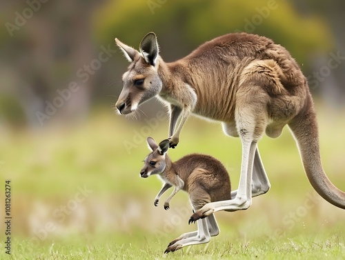 Kangaroo with a joey in its pouch hopping