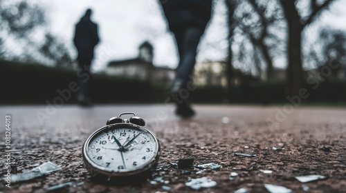 An old alarm clock lies broken on a path, signifying freedom from the constraints of time and a disrupted sleep schedule.