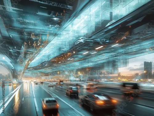 Future traffic routes under a giant ceiling made of glass and steel in a mega-city