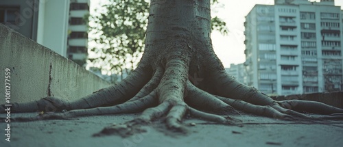 A tree's massive roots entwine with urban pavement, contrasting nature's raw power with the human-made cityscape, embodying resilience and coexistence.