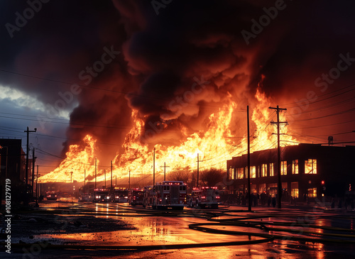 Realistic view of a city fire. Silhouettes of fire trucks against the background of a burning building.