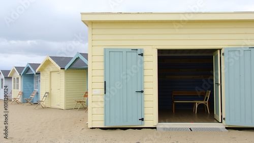 Vintage beach cabins along the English Channel in France