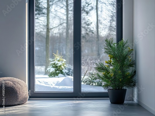 Early spring, there's an antracite window corner, an elliptical floor-to-ceiling exit to the yard, an alpine slide, and spruce next to the window.