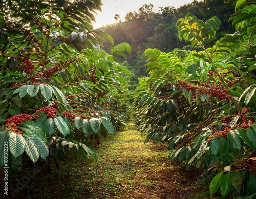 lush green guarana plantation in tropical rainforest with ripe red berries