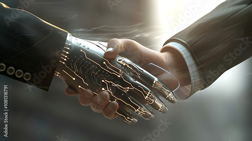 business-tech collaboration, a realistic portrayal of a businessmans hand shaking a futuristic avatars glowing hand, a symbolic fusion of tech and business