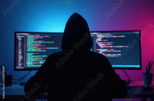 A cyber security hacker in a dark headquarters with a neon light on the wall in front of two screens