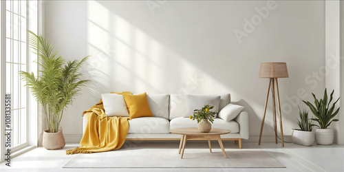 A simple living room with white walls a sofa and coffee table a carpet on the floor green plants in vases a lamp stand a yellow blanket and lightcolored decorative eleme