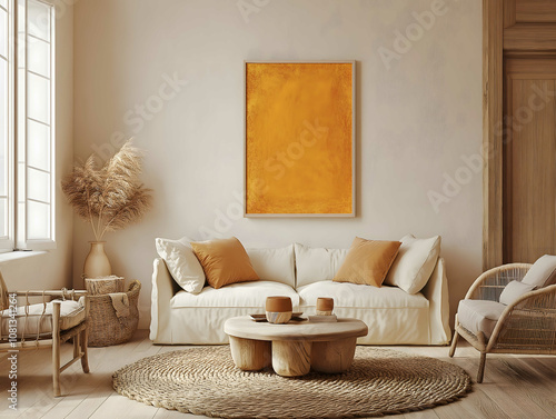 Mock up for verticalm framed painting on an old wall in a cosy provencal appartment with mediterranean view in a warm light high quality image with some orange tones.jpe