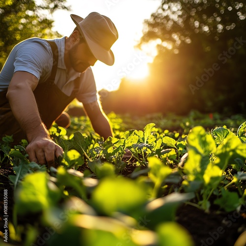 Farmer tending to a vegetable garden at sunset.