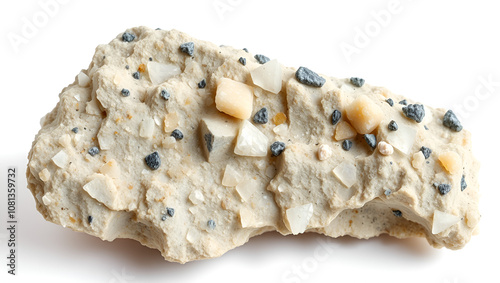 Close up image of a raw nepheline with titanite and feldspar minerals isolated on a white background from Khibiny Kola Peninsula