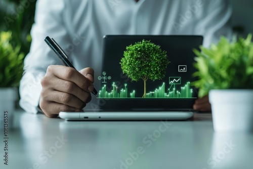 Financial advisor analyzing green stocks modern office digital illustration urban environment close-up view eco-investment strategy