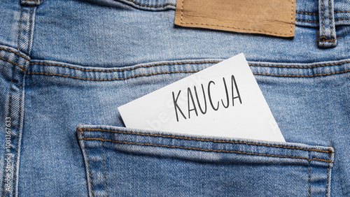 White card with a handwritten inscription "Kaucja", inserted into the pocket of blue pants jeasnow (selective focus), translation: Bail