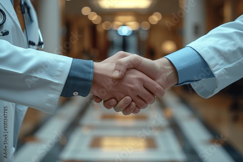 Researchers Shaking Hands in Hospital Lobby