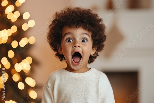 Young child with curly hair and an expression of amazement stands in a warmly lit room, with a beautifully decorated Christmas tree in the background scene.