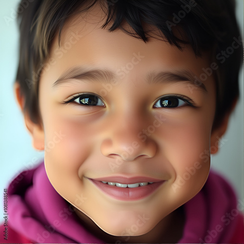 A close-up of a young persons face with a soft smile and bright eyes symbolizing resilience and determination despite challenges.