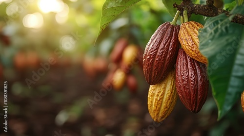 Ripe Cocoa Pods Hanging from a Branch in a Plantation