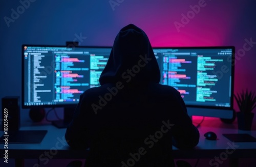 A cyber security hacker in a dark headquarters with a neon light on the wall in front of two screens