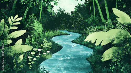 A tranquil teal stream winding its way through lush greenery, its soothing babble harmonizing with nature's tranquility. Baroque. Illustration