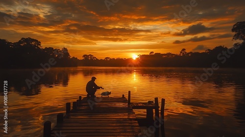 A fisherman catching fish with a fishing line from a wooden dock at sunset, with the water glowing orange